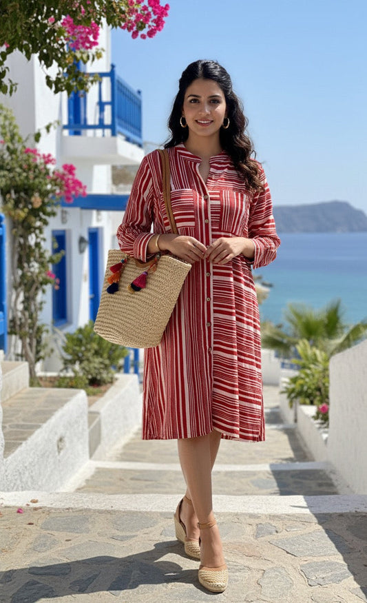 RED AND WHITE STRIPE PATTERN COTTON DRESS BESU INDIA