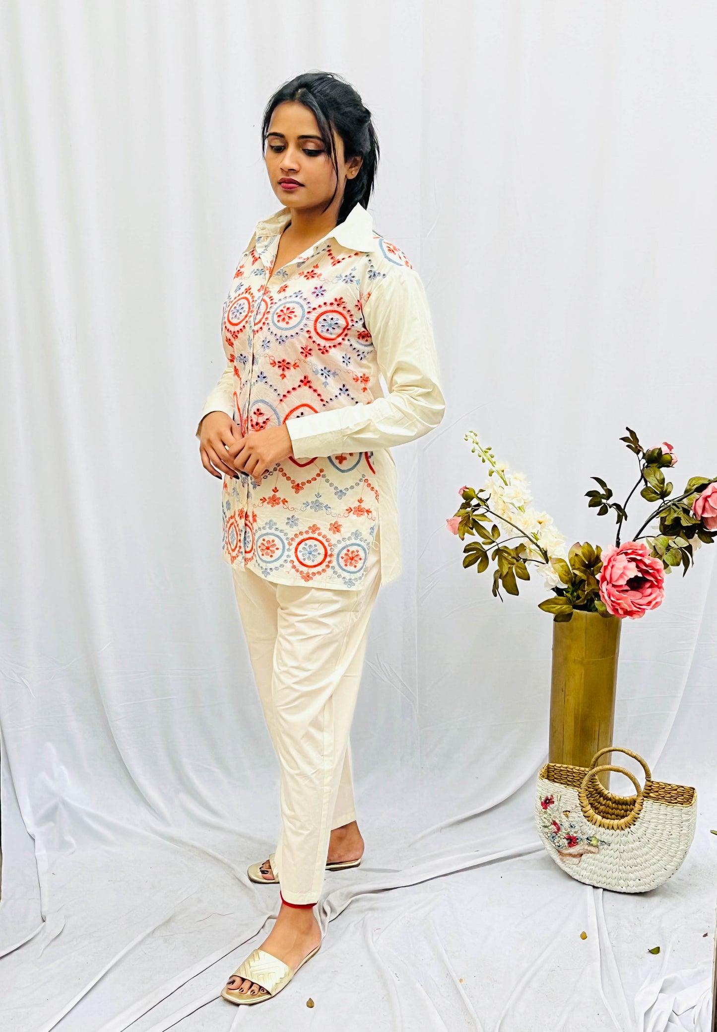 CREAM IS EMBROIDERED HAKOBA CO-ORDS BESU INDIA