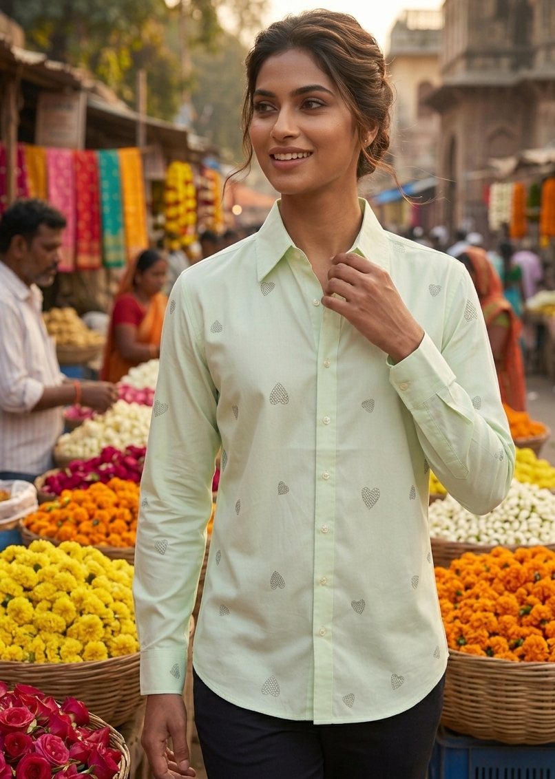 LIME GREEN HEART EMBROIDERED SHIRT BESU INDIA