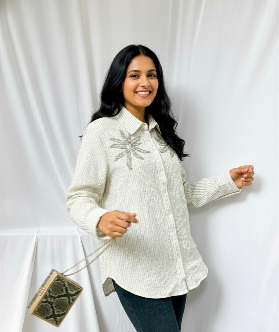 GREY AND WHITE STRIPES TEXTURED COTTON SHIRT WITH EMBELLISHMENTS BESU INDIA