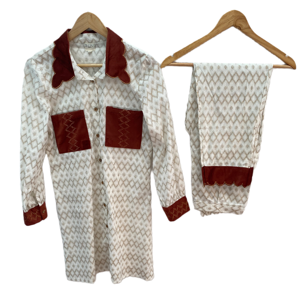 GOLD GEOMETRIC PRINT KURTA CO-ORD SET WITH RUST POCKETS BESU INDIA