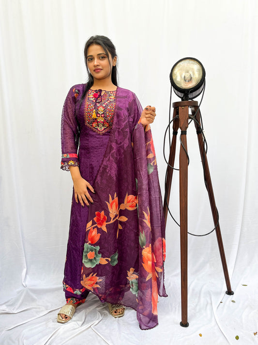 PURPLE EMBROIDERED AND PRINTED ANARKALI SET BESU INDIA