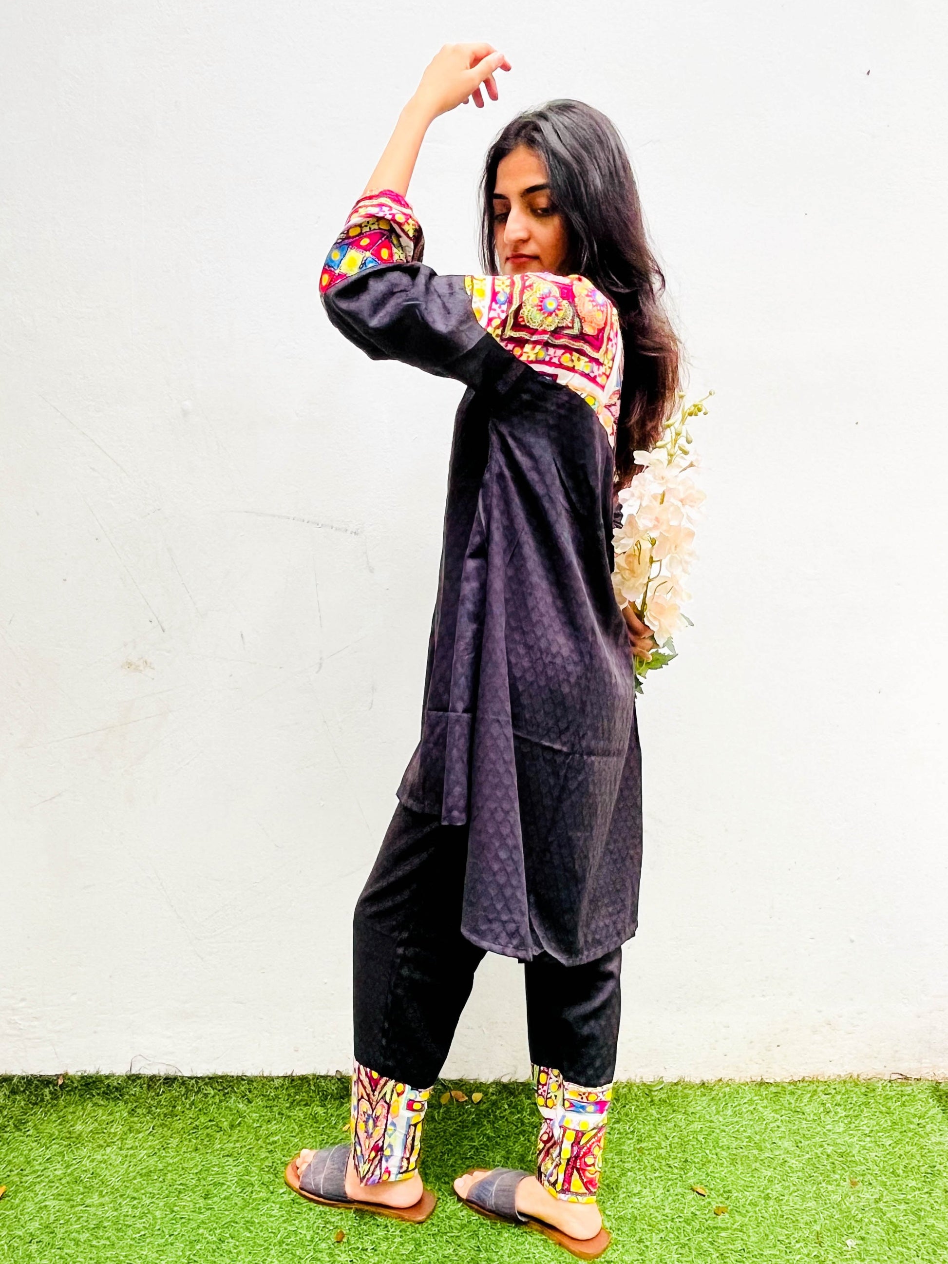 BLACK COTTON PATCH WORK CO-ORD / KURTA SET BESU INDIA