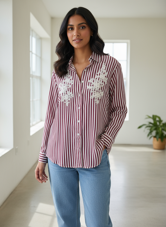 MAROON AND PINK STRIPED EMBROIDERED PATCH WORK COTTON SHIRT BESU INDIA