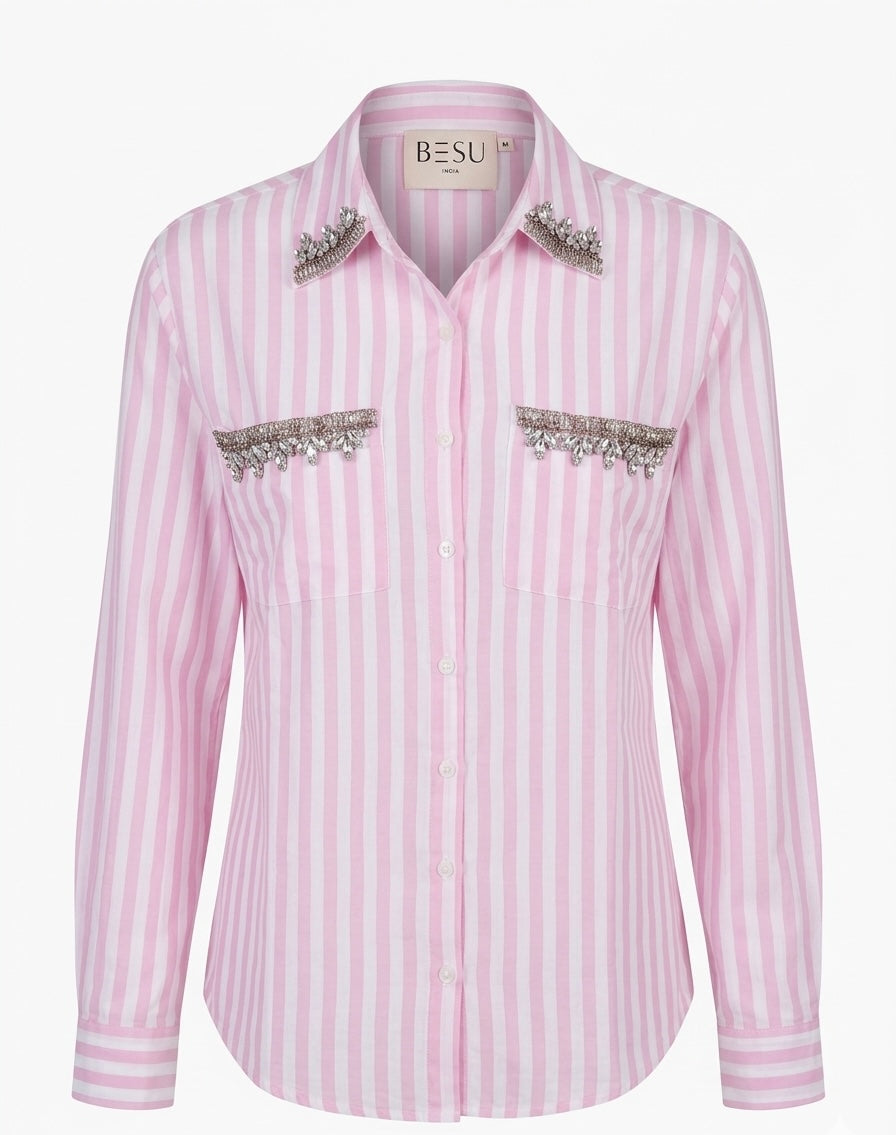CANDY-PINK STRIPED SHIRT WITH EMBELLISHMENTS BESU INDIA