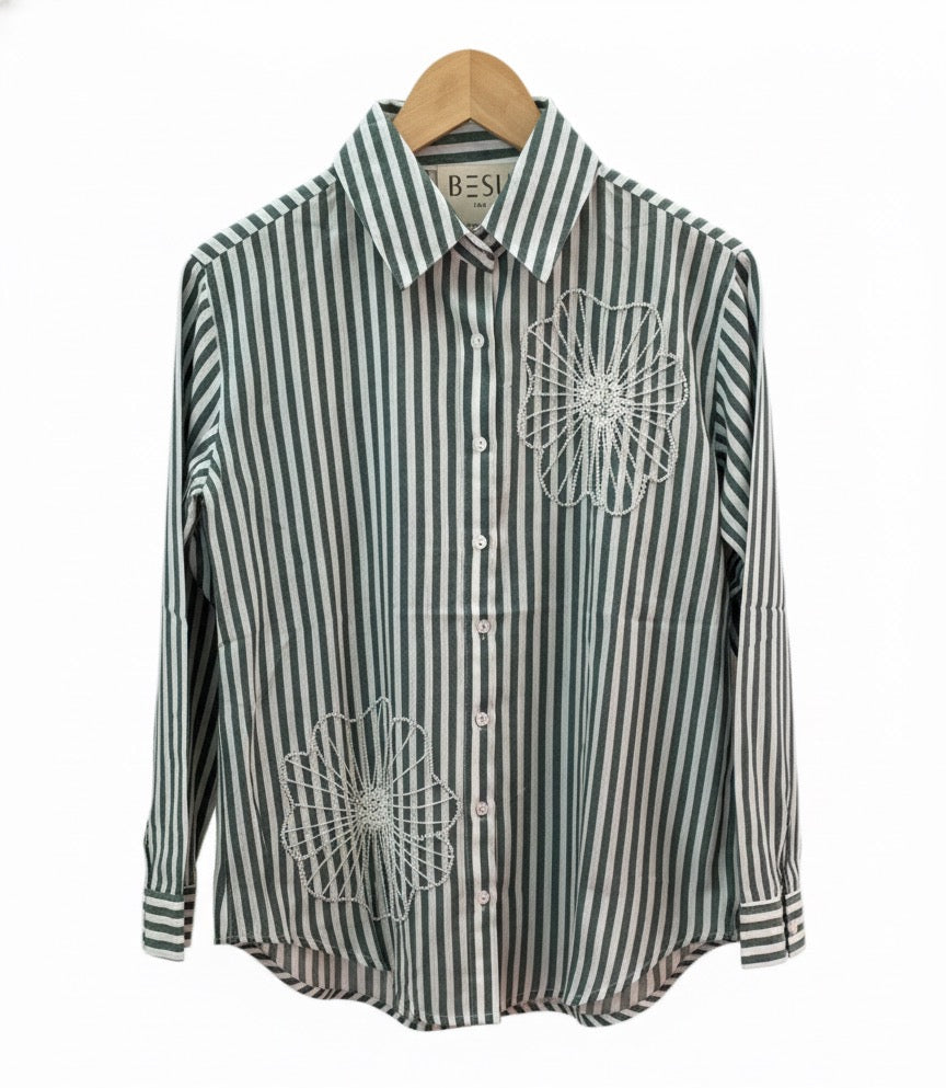 GREEN AND WHITE STRIPED SHIRT WITH PEARL BEADS EMBROIDERY BESU INDIA