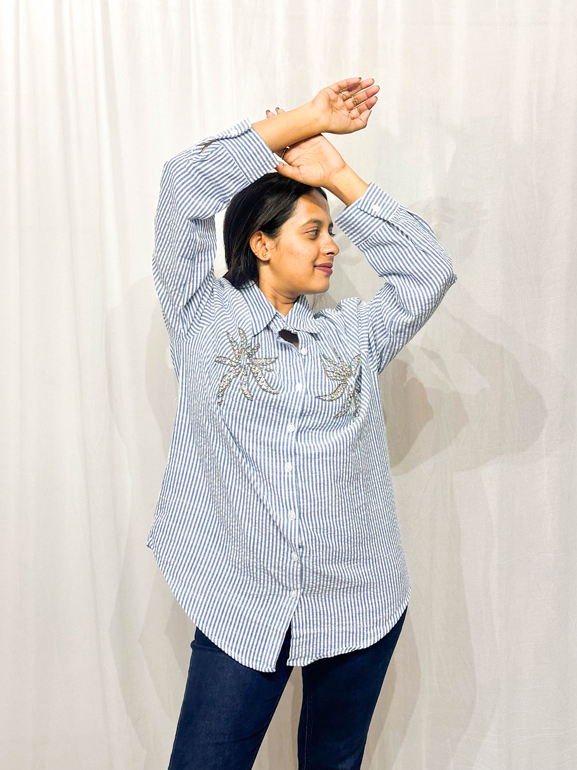 BLUE STRIPED SHIRT WITH HAND EMBELLISHMENTS COTTON SHIRT BESU INDIA