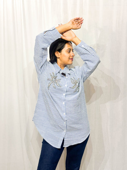 BLUE STRIPED SHIRT WITH HAND EMBELLISHMENTS COTTON SHIRT BESU INDIA