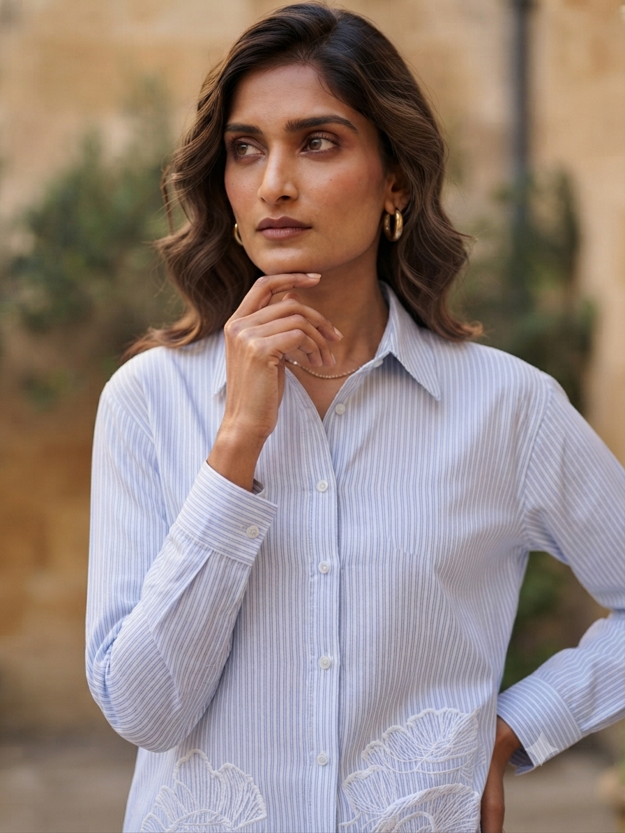 LIGHT BLUE STRIPED CUTWORK SHIRT BESU INDIA