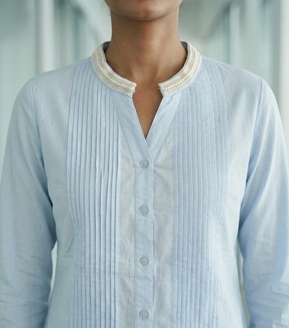 POWDER BLUE SHIRT WITH EMBROIDERED COLLAR BESU INDIA