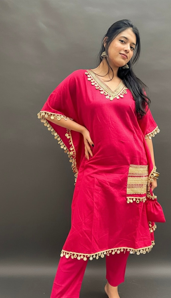 PINK MIRROR WORK KAFTAN WITH STRAIGHT PANTS AND BAG BESU INDIA
