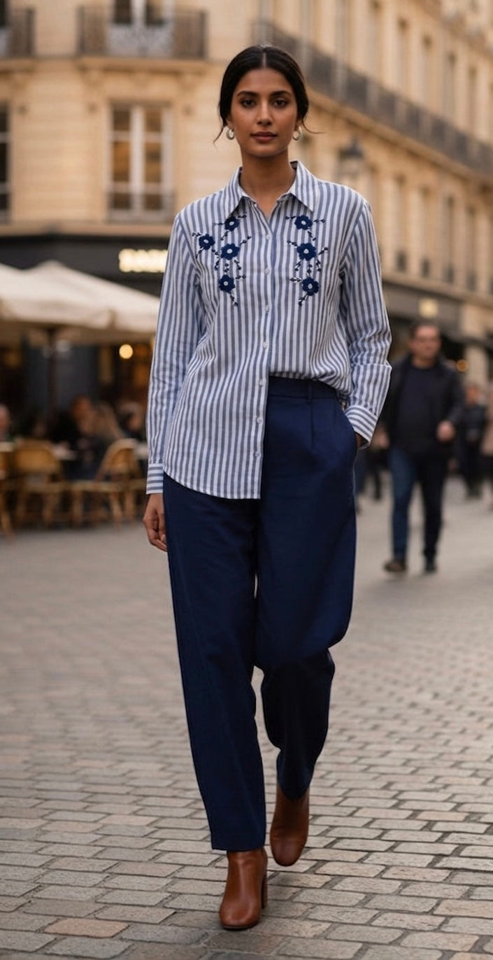 NAVY BLUE STRIPED SHIRT WITH FLORAL EMBROIDERY BESU INDIA