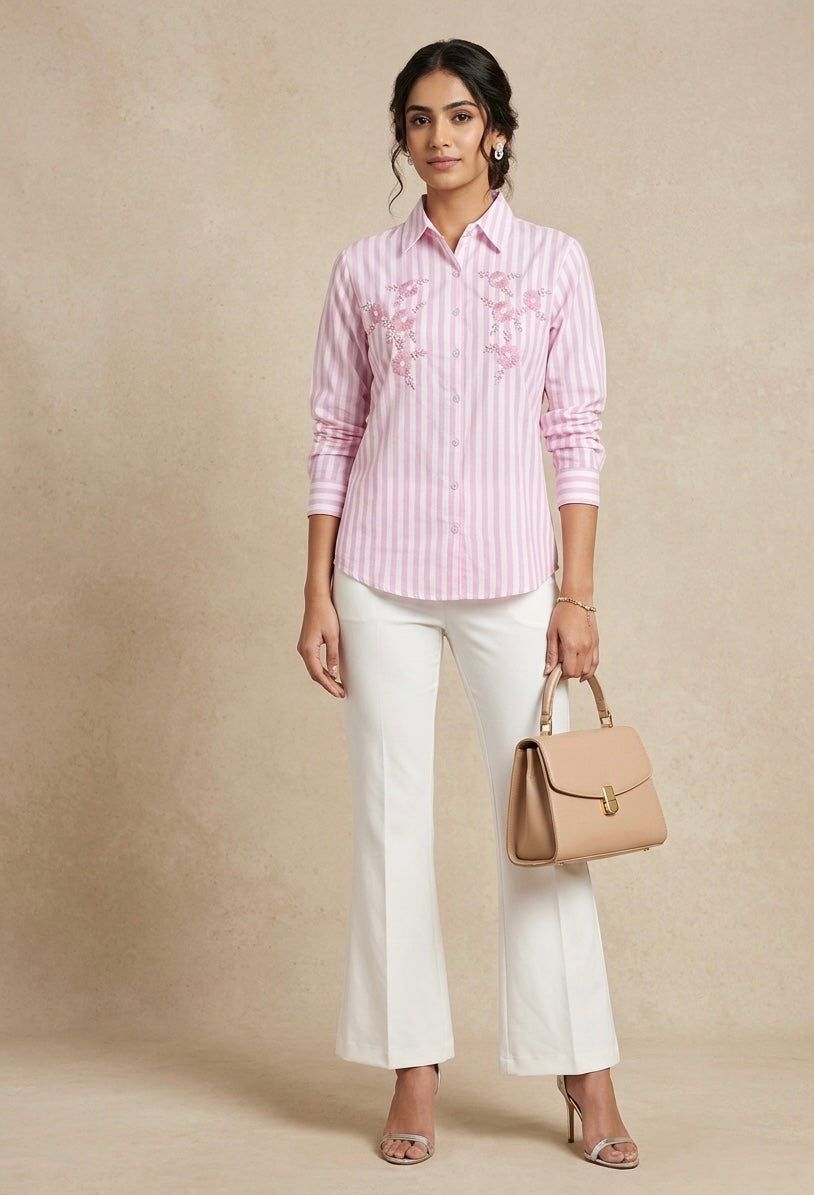 PINK STRIPED SHIRT WITH FLORAL EMBROIDERY BESU INDIA