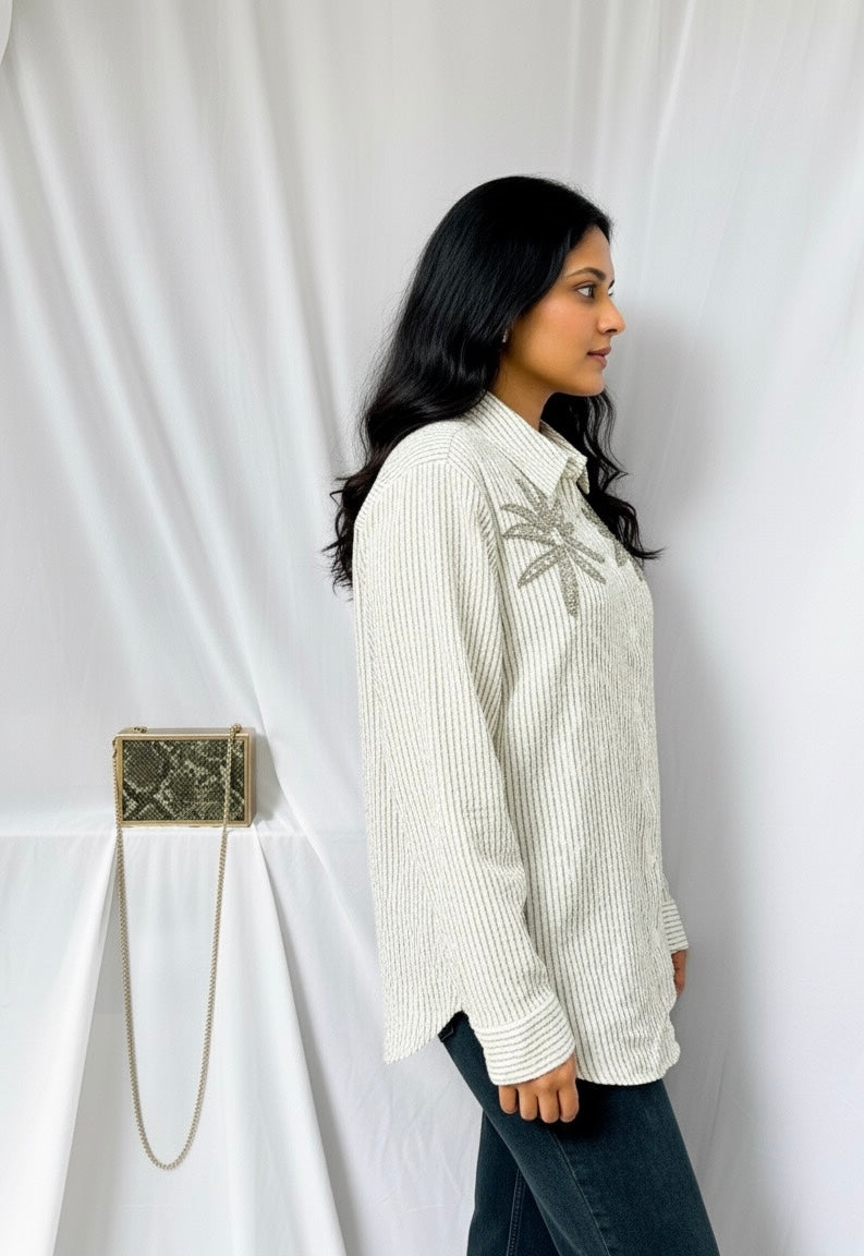 GREY AND WHITE STRIPES TEXTURED COTTON SHIRT WITH EMBELLISHMENTS BESU INDIA