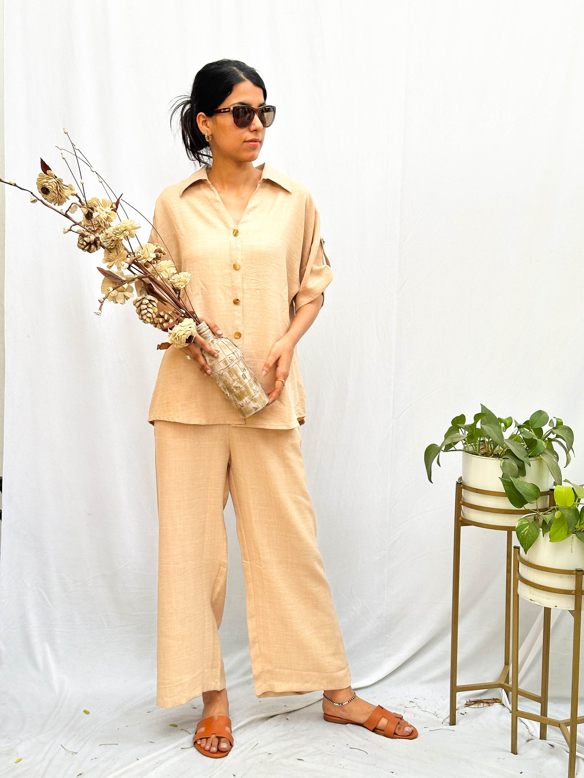 BEIGE SOFT COTTON CO-ORDS WITH SIGNATURE GOLD BUTTONS BESU INDIA