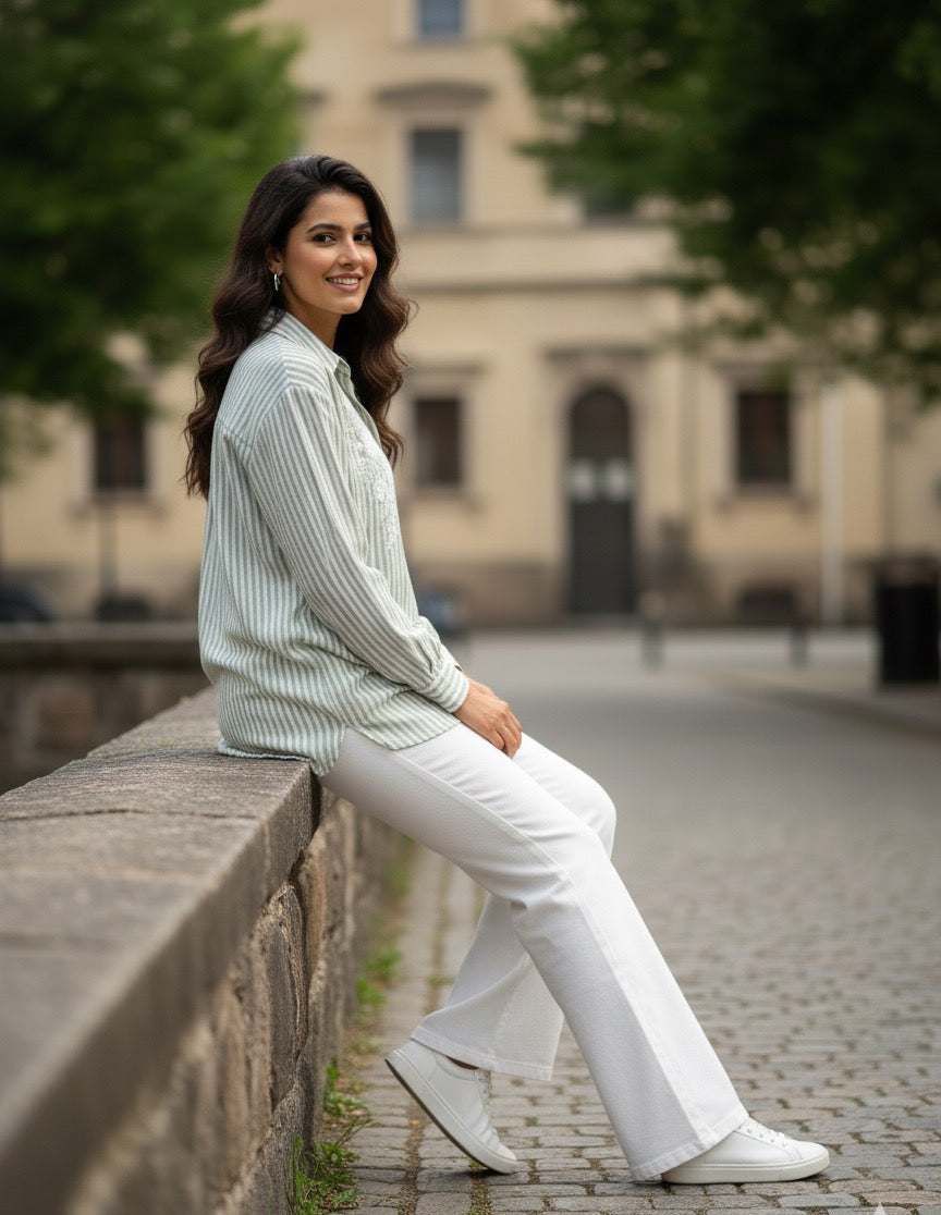 LIGHT SAGE GREEN AND WHITE STRIPED COTTON SHIRT BESU INDIA