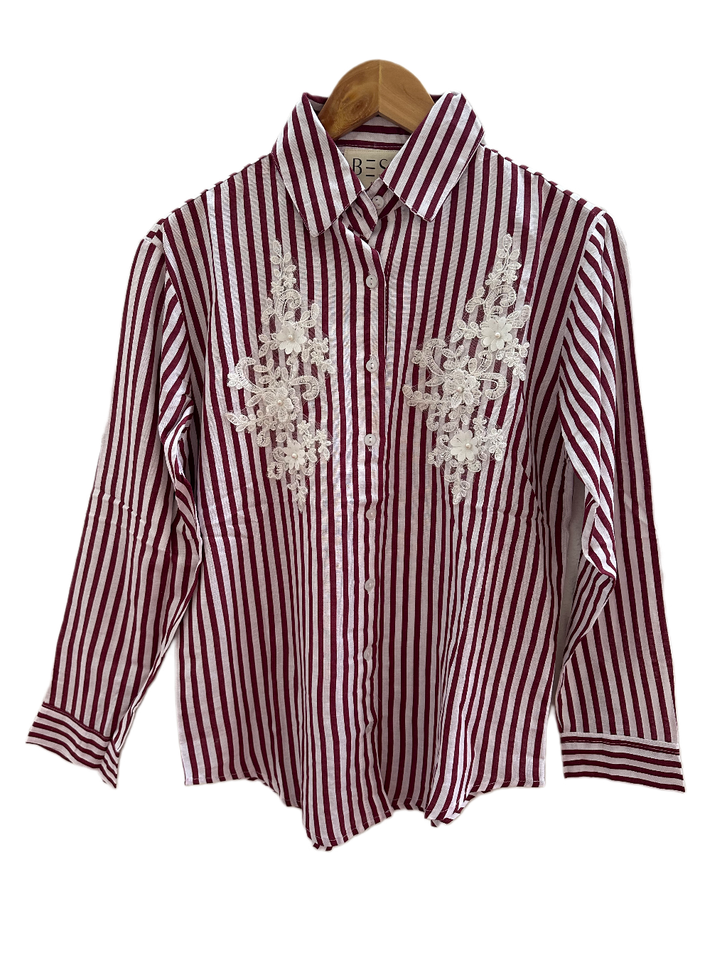 MAROON AND PINK STRIPED EMBROIDERED PATCH WORK COTTON SHIRT BESU INDIA