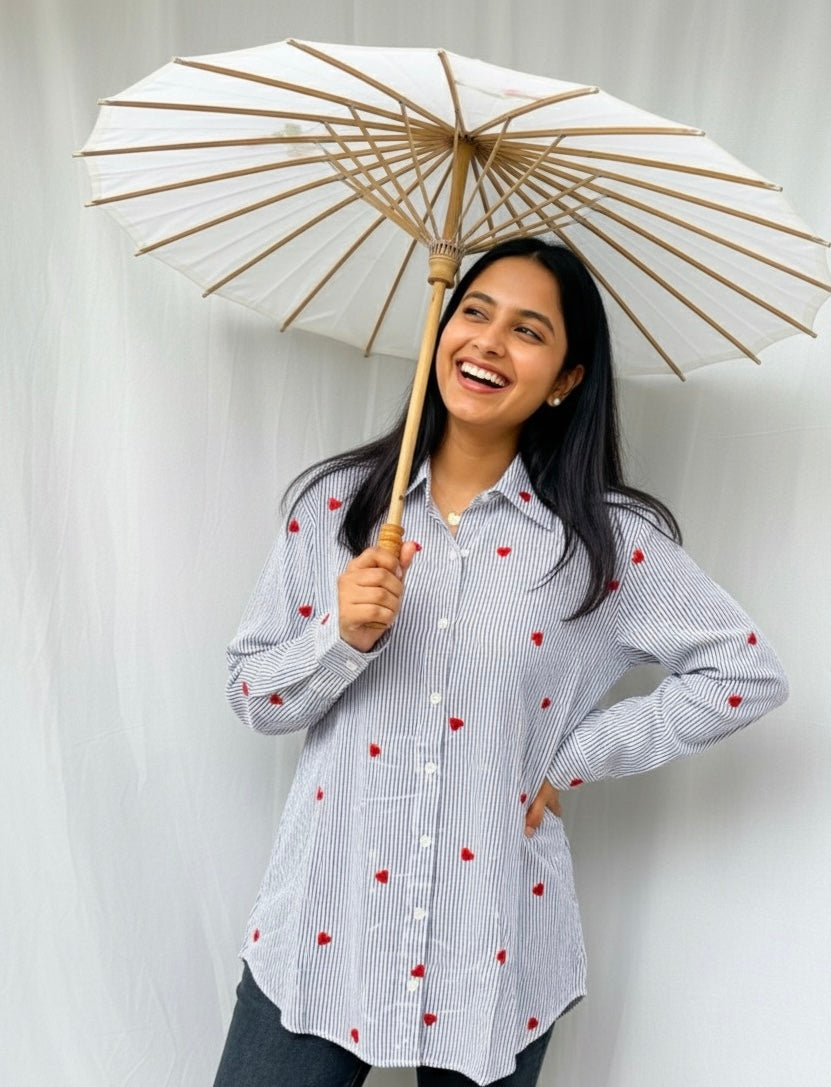 BLUE STRIPED COTTON SHIRT WITH HEART PRINTS BESU INDIA