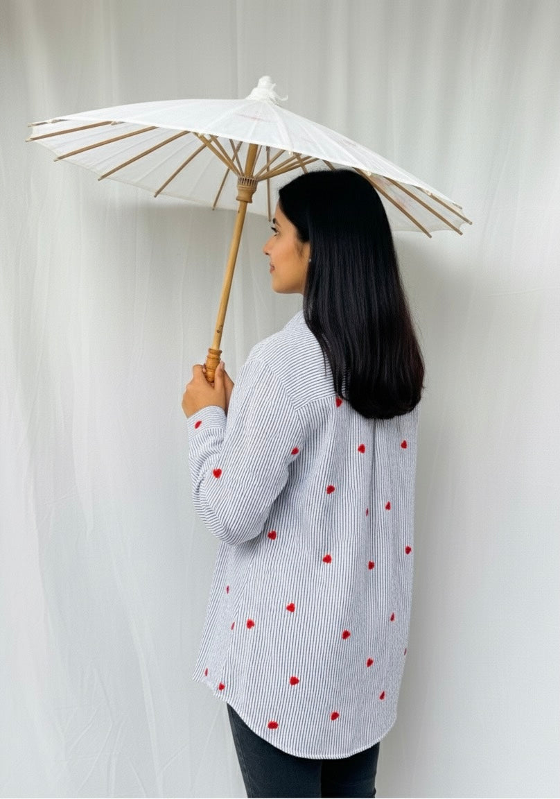 BLUE STRIPED COTTON SHIRT WITH HEART PRINTS BESU INDIA