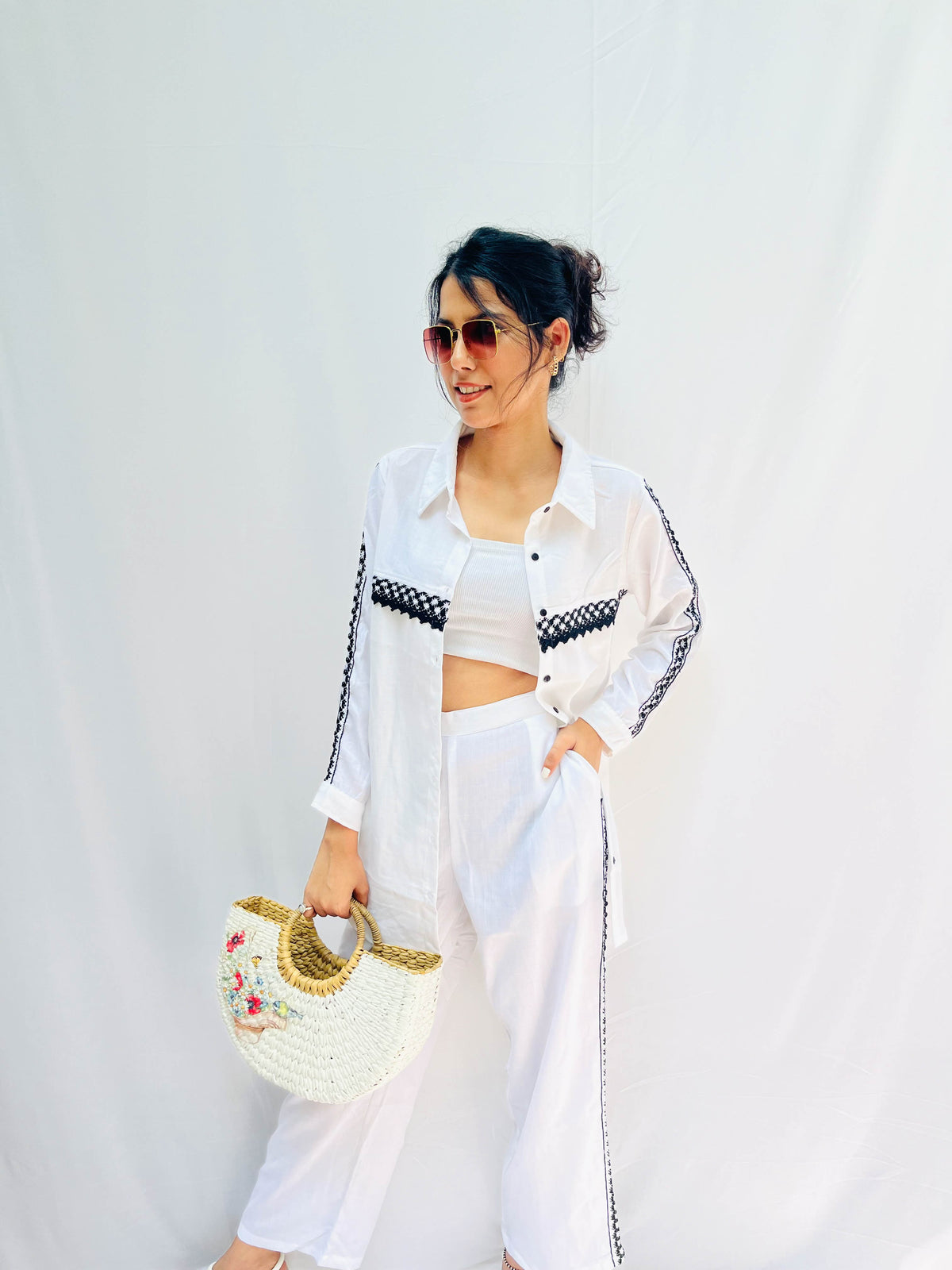 WHITE COTTON CO-ORD WITH BLACK LACE DETAILING BESU INDIA