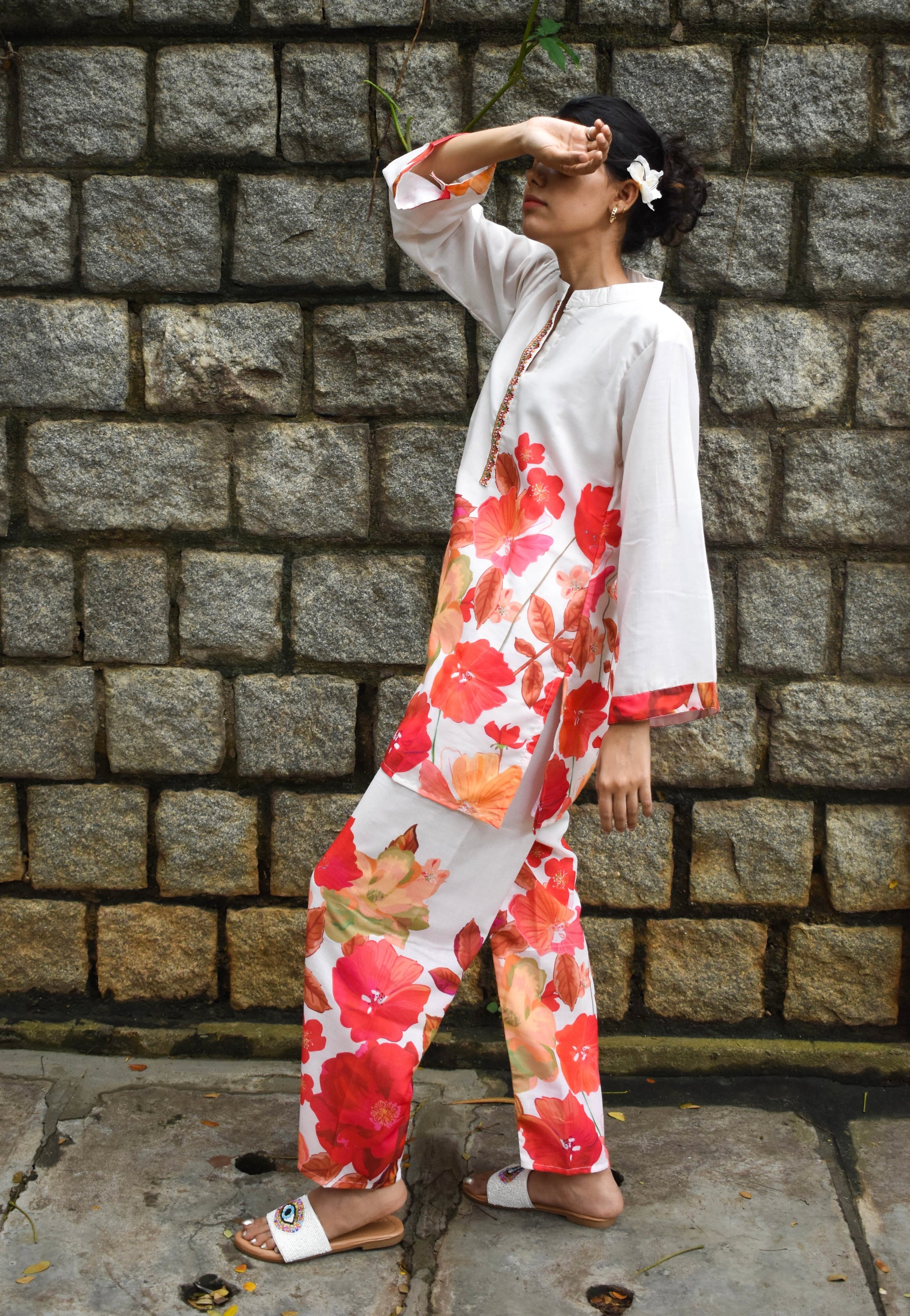 FLORAL PRINT CHINESE COLLAR COTTON KURTA SET BESU INDIA