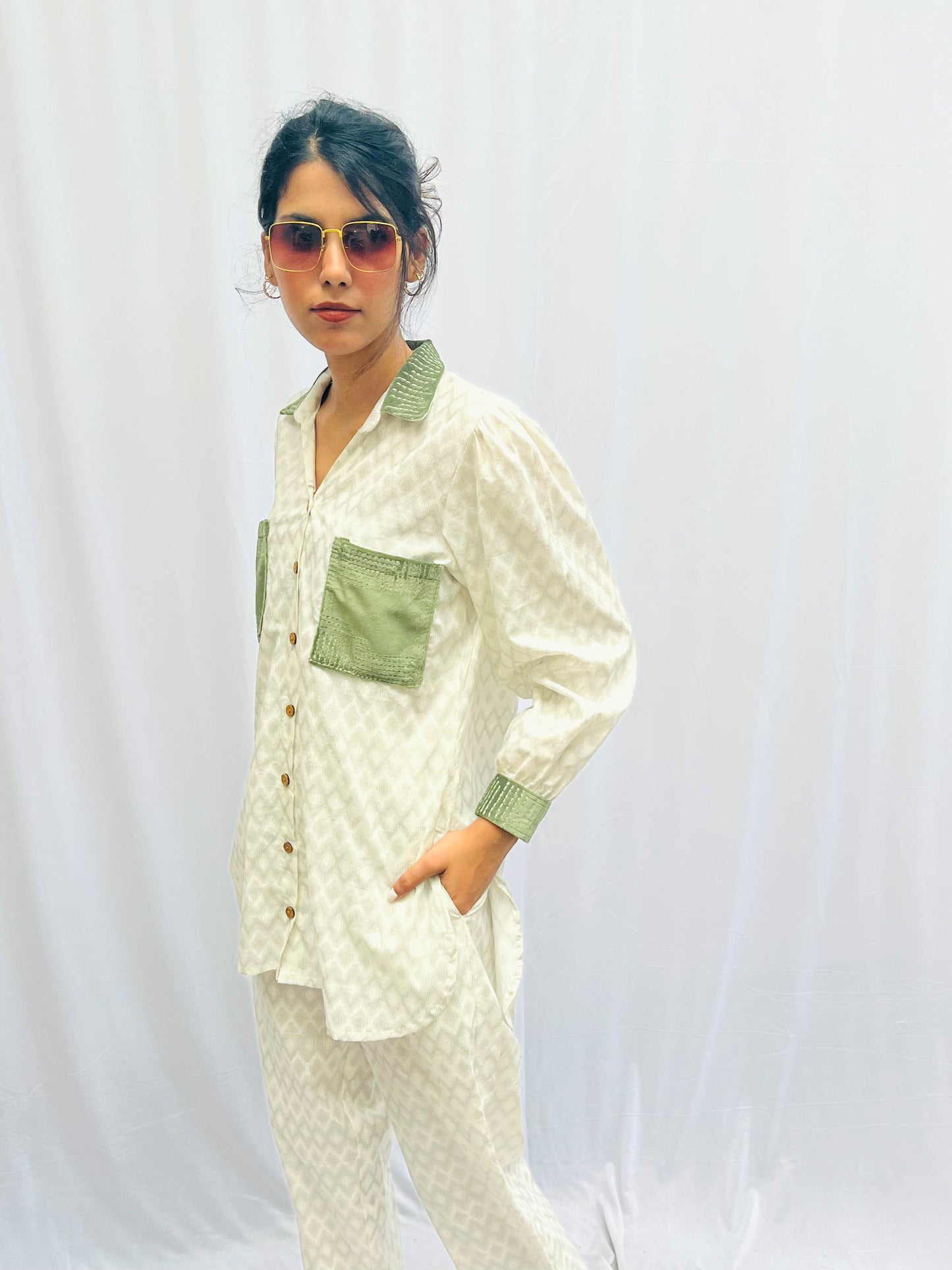 GREEN SUEDE PATCH WORKED - TEXTURED COTTON CO-ORD BESU INDIA
