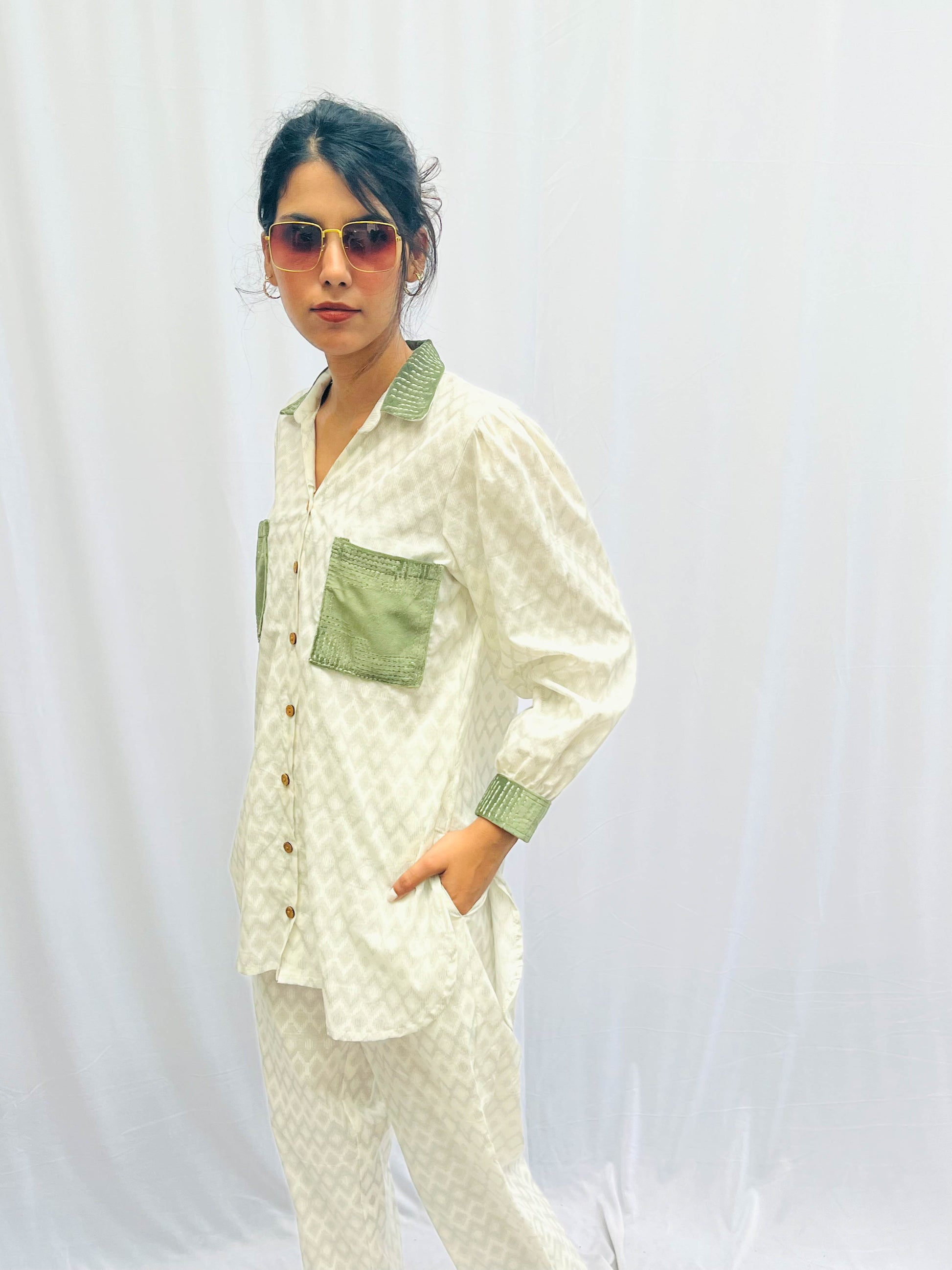 GREEN SUEDE PATCH WORKED - TEXTURED COTTON CO-ORD BESU INDIA