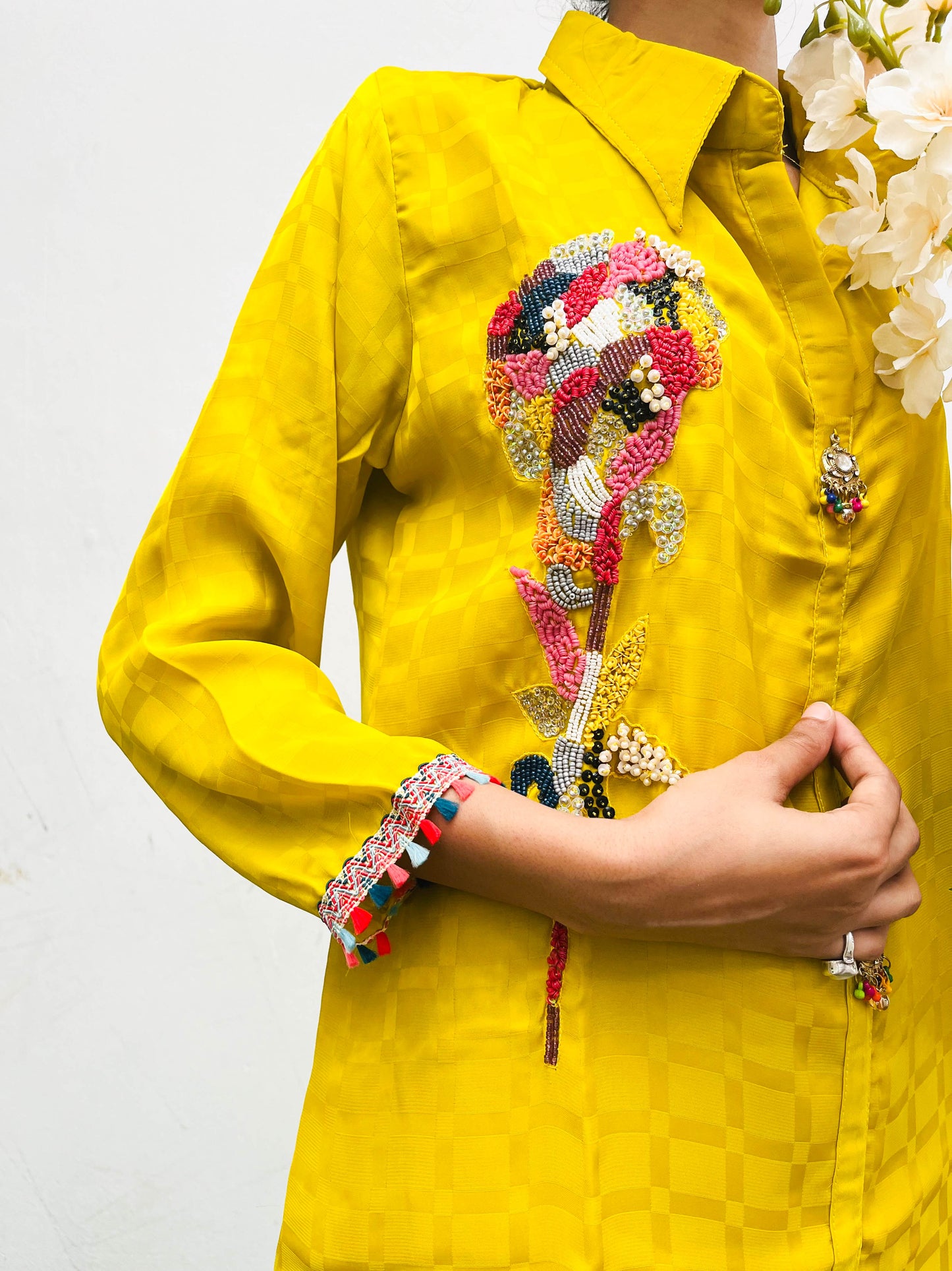 MUSTARD HAND MOTIF EMBROIDERED CREPE CO-ORD SET BESU INDIA
