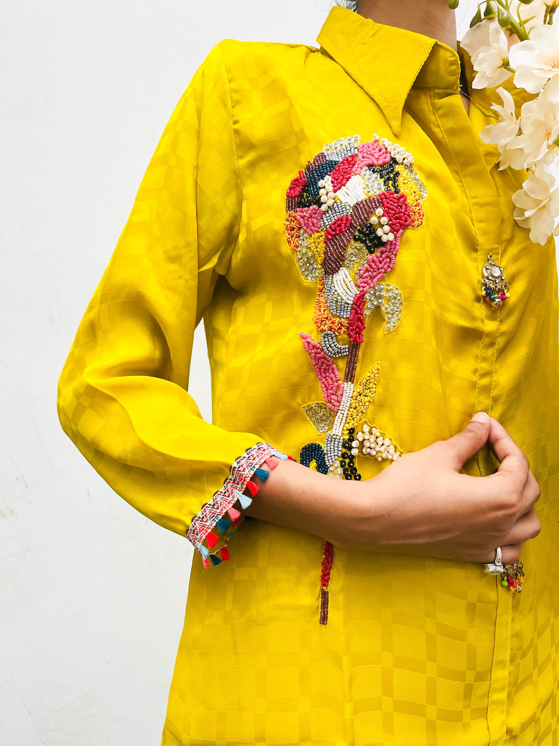 MUSTARD HAND MOTIF EMBROIDERED CREPE CO-ORD SET BESU INDIA