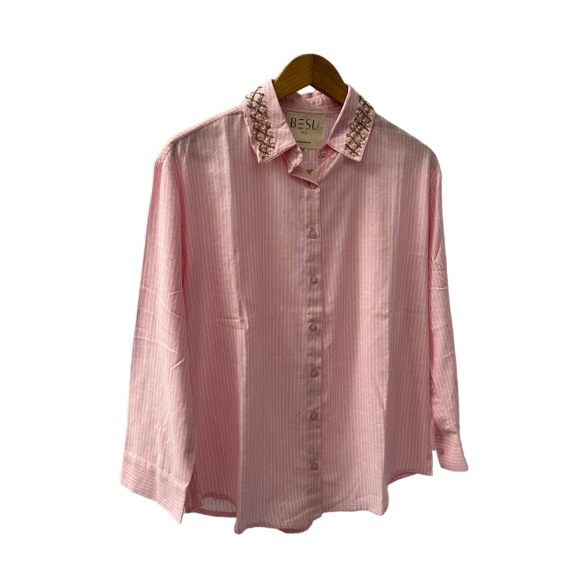 LIGHT PINK STRIPED SHIRT WITH EMBROIDERED COLLAR BESU INDIA