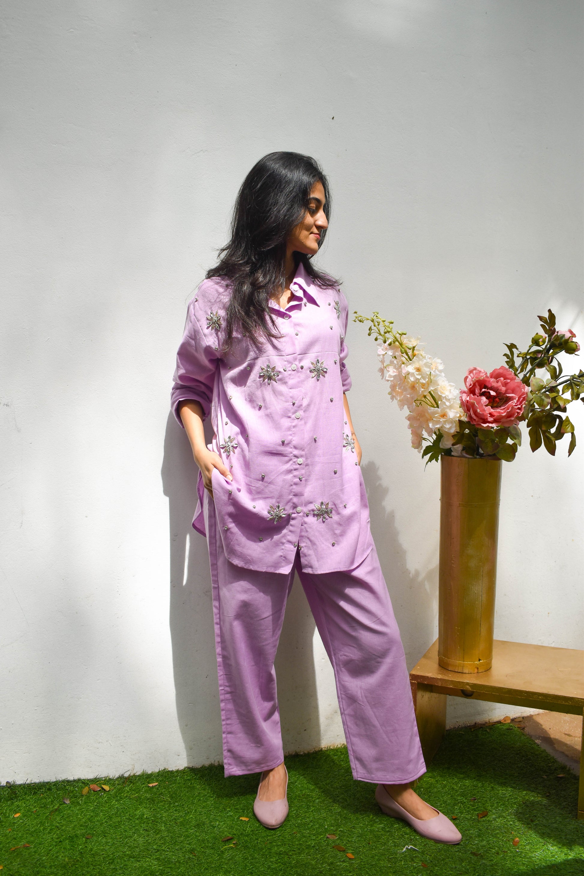 LAVENDER STONE EMBELLISHED LINEN CO-ORD SET BESU INDIA