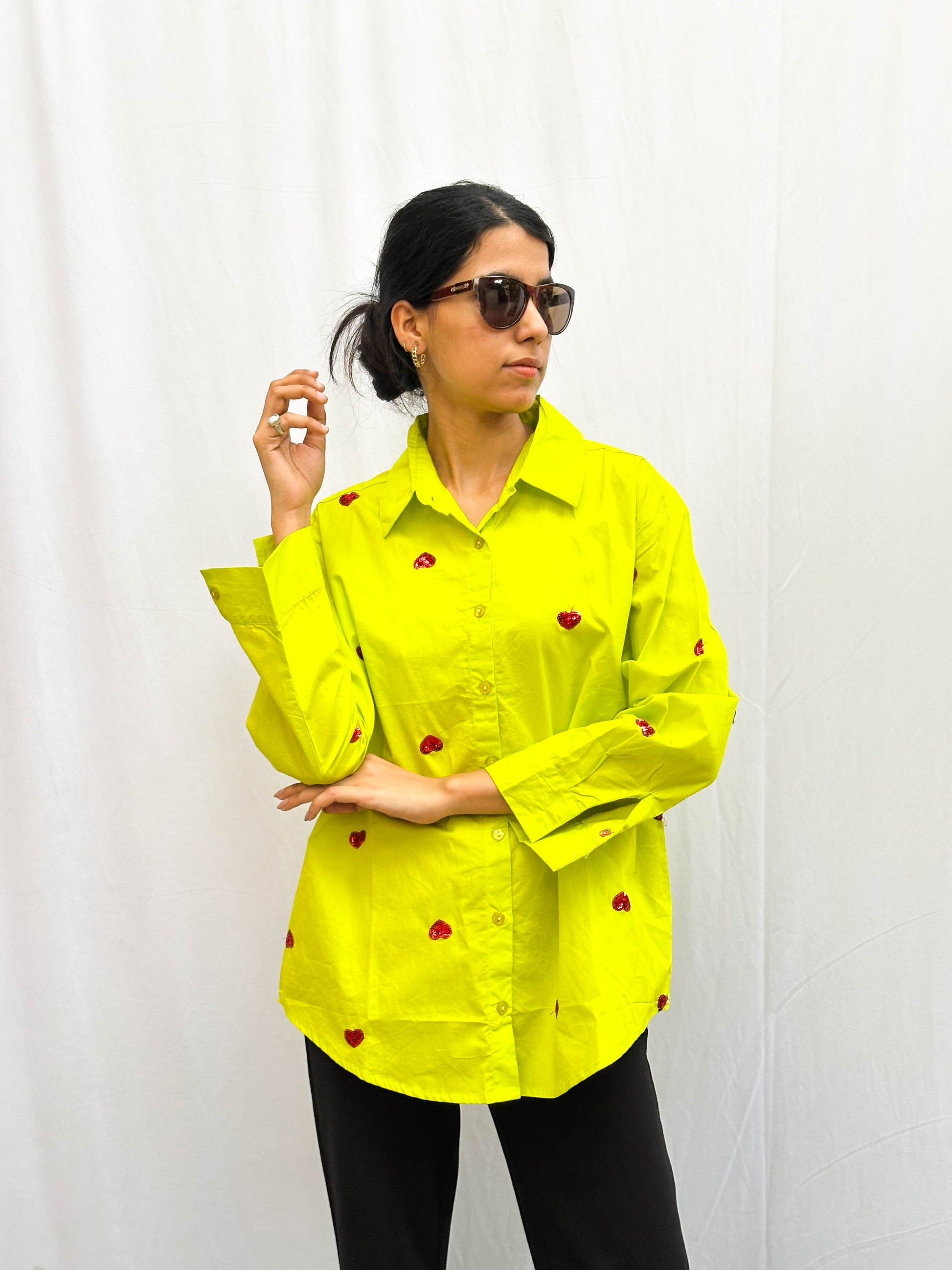 NEON GREEN HEART EMBROIDERED COTTON SHIRT BESU INDIA