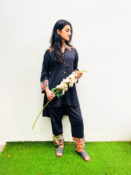 BLACK COTTON PATCH WORK CO-ORD / KURTA SET BESU INDIA