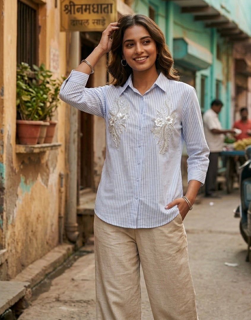 BLUE AND WHITE STRIPED SHIRT WITH EMBROIDERY BESU INDIA