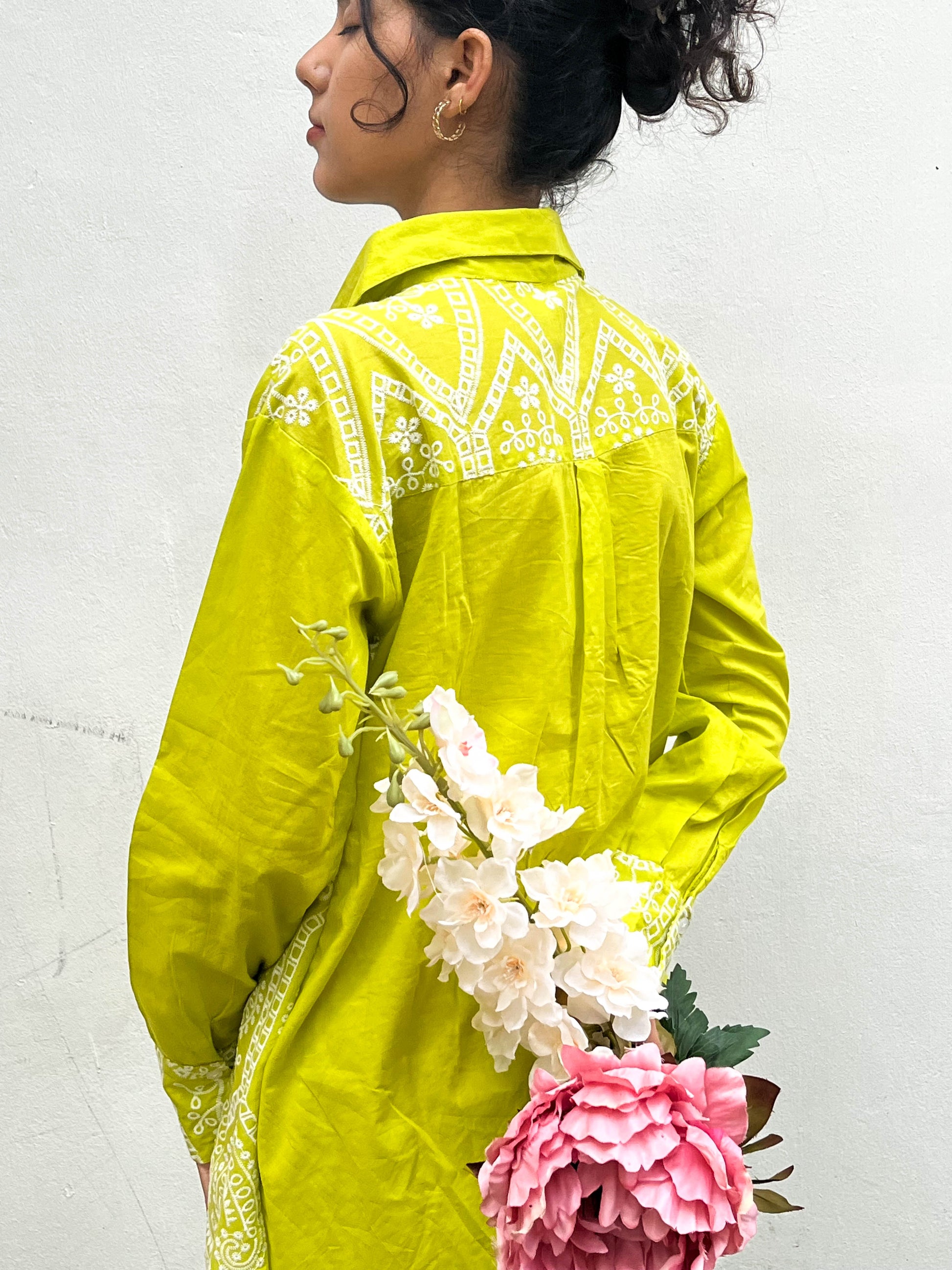 POP BRIGHT GREEN THREAD EMBROIDERED COTTON CO-ORD SET BESU INDIA