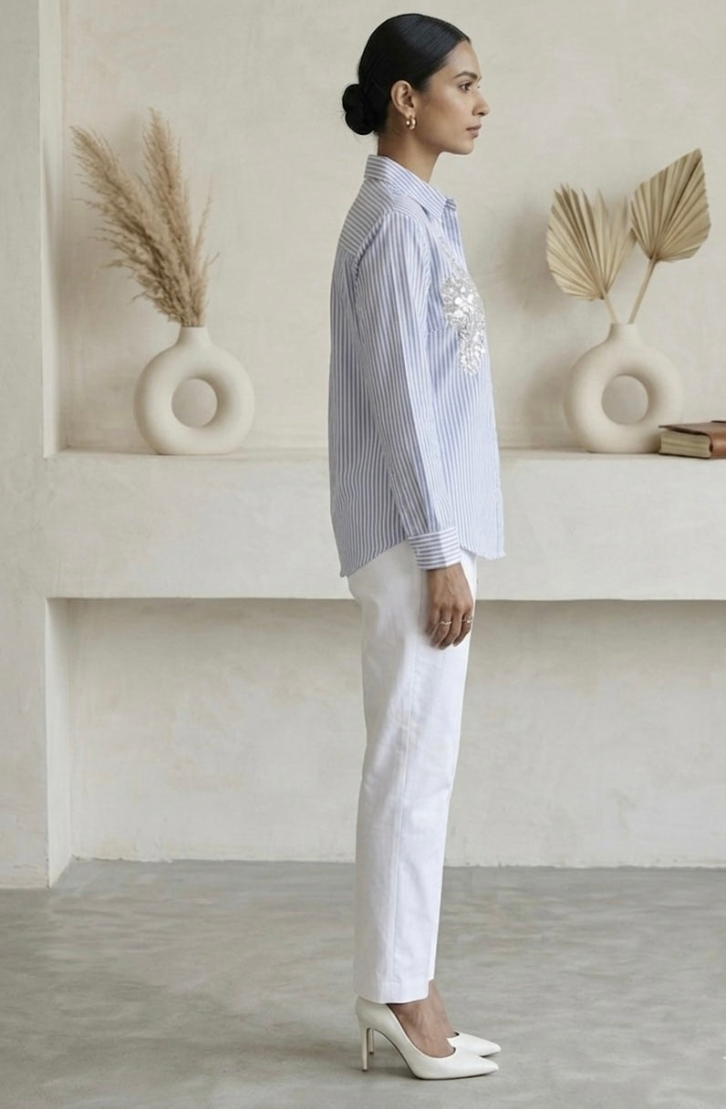 BLUE AND WHITE STRIPED SHIRT WITH EMBROIDERY BESU INDIA