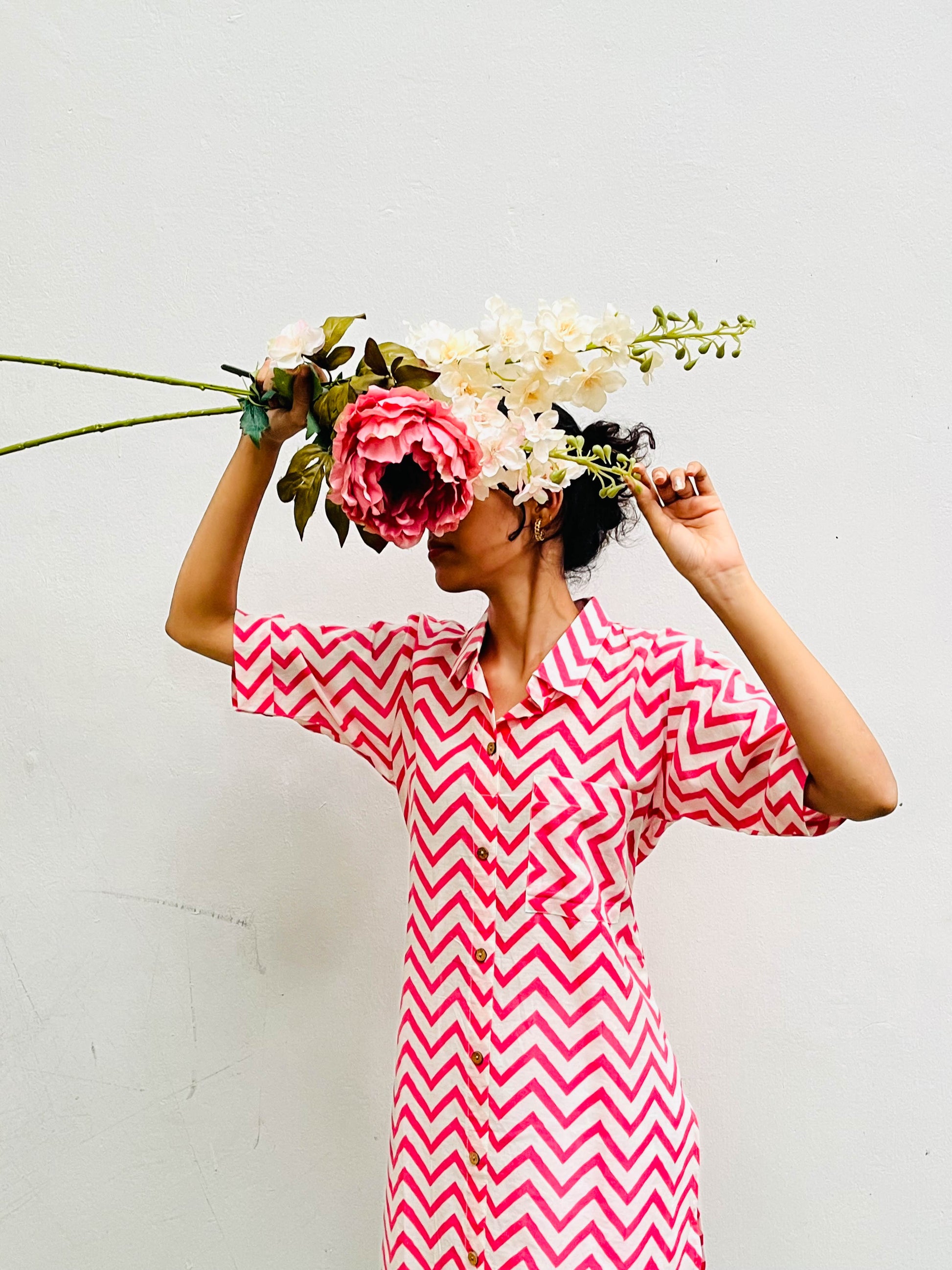 PINK CHEVRON PRINT - HALF AND HALF SHIRT KURTA BESU INDIA
