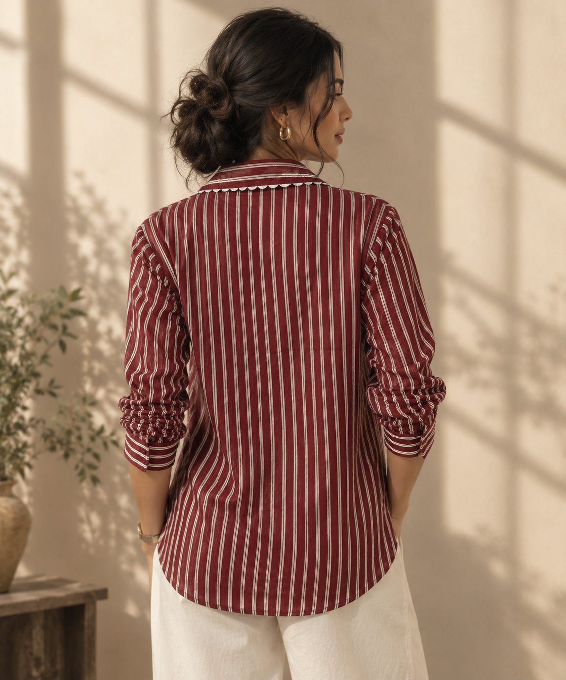 MAROON STRIPED EMBROIDERED SHIRT BESU INDIA