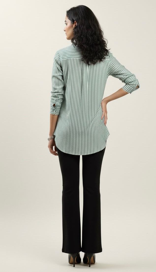 GREEN AND WHITE STRIPED SHIRT WITH PEARL BEADS EMBROIDERY BESU INDIA