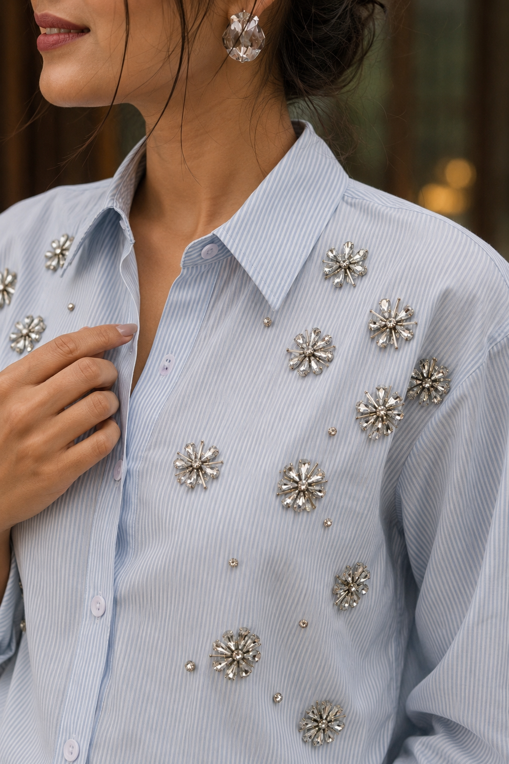 LIGHT BLUE STRIPED CRYSTAL BLOOM EMBELLISHED SHIRT BESU INDIA