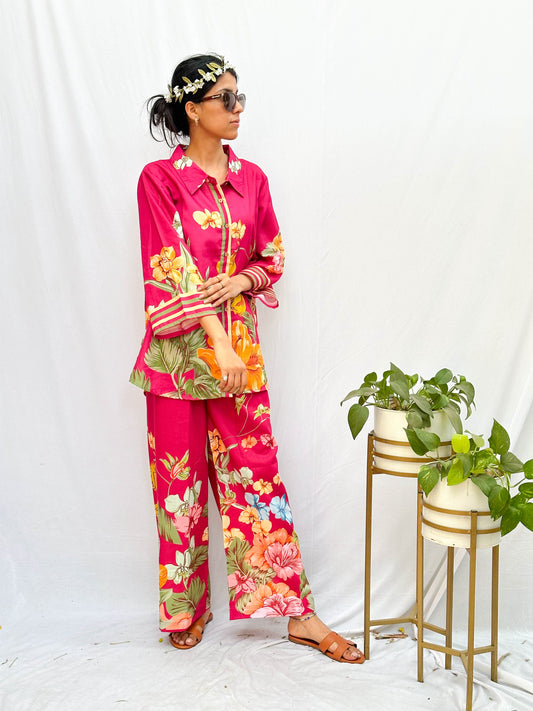 DARK PINK TROPICAL PRINT CO-ORD SET BESU INDIA