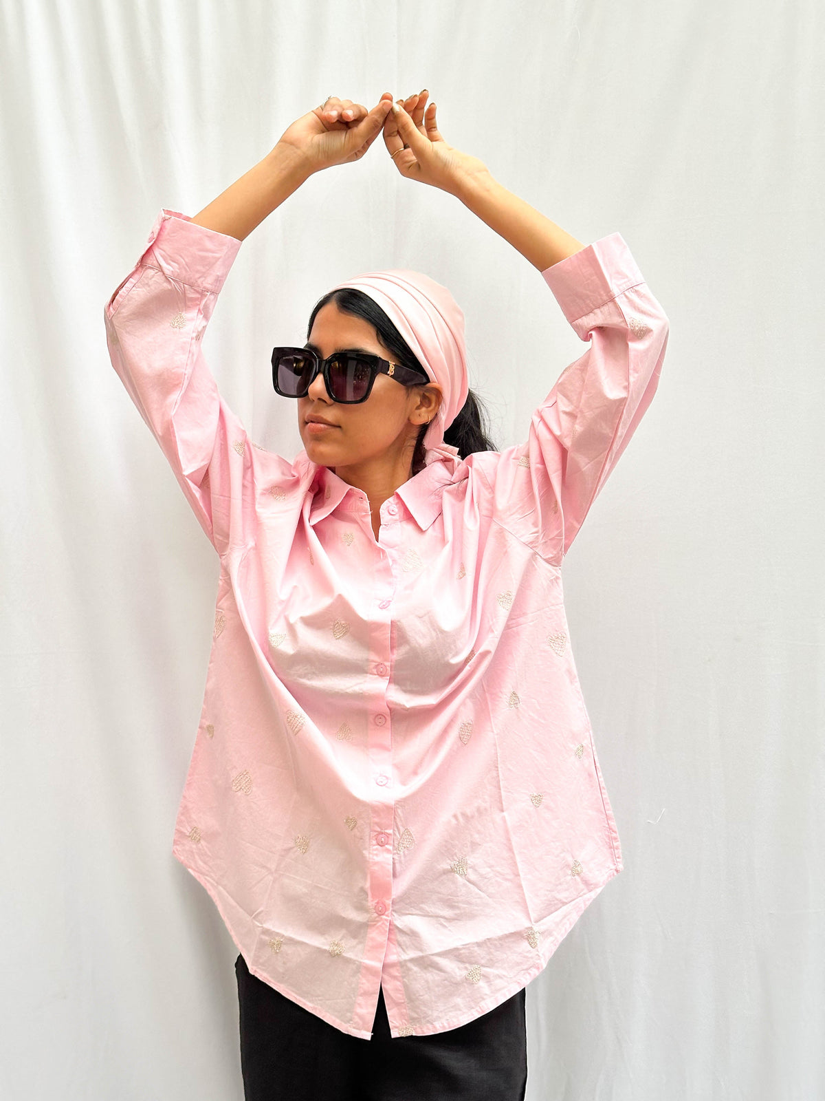 LIGHT PINK COTTON SHIRT WITH GOLD EMBROIDERED HEARTS BESU INDIA