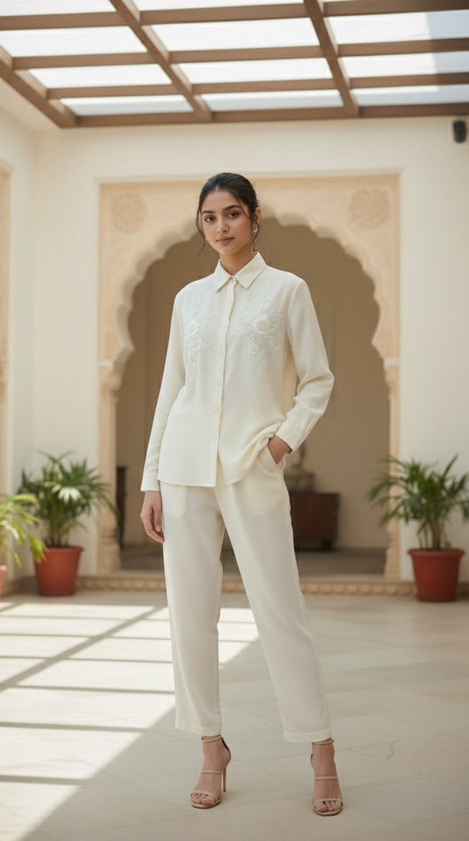 WHITE COTTON EMBELLISHED CLASSIC CO-ORD BESU INDIA