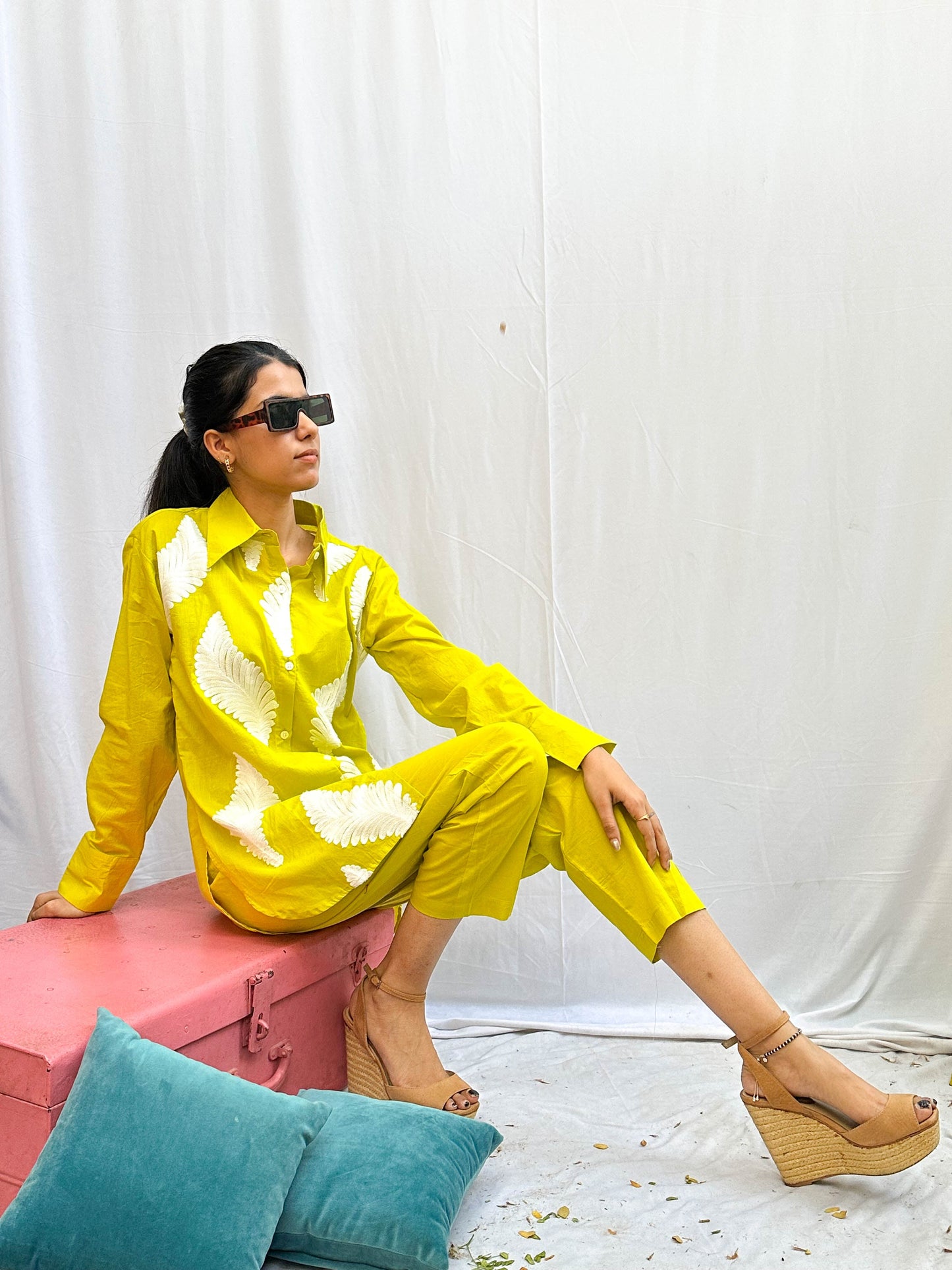 LIME GREEN EMBROIDERED COTTON CO-ORDS BESU INDIA