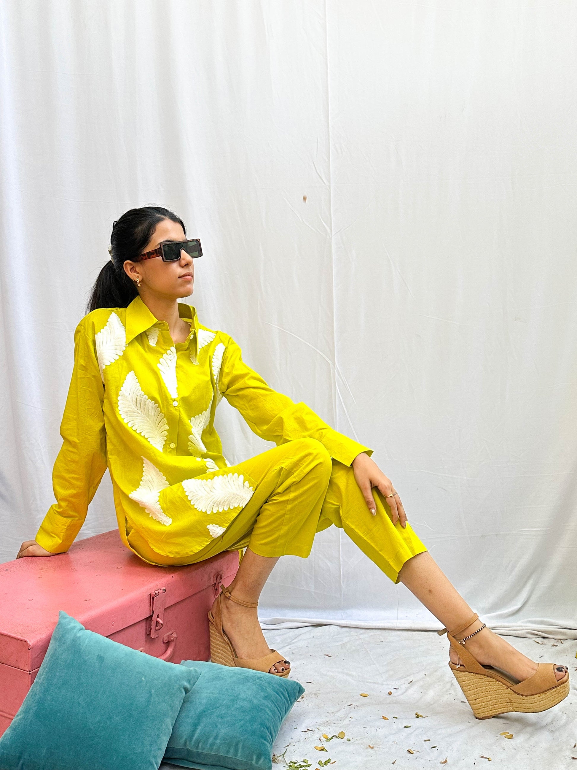 LIME GREEN EMBROIDERED COTTON CO-ORDS BESU INDIA