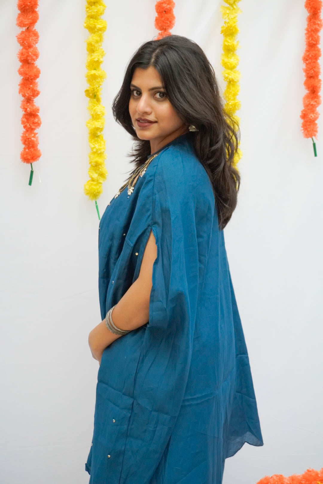 SULPHATE BLUE EMBROIDERED CAPE SET BESU INDIA