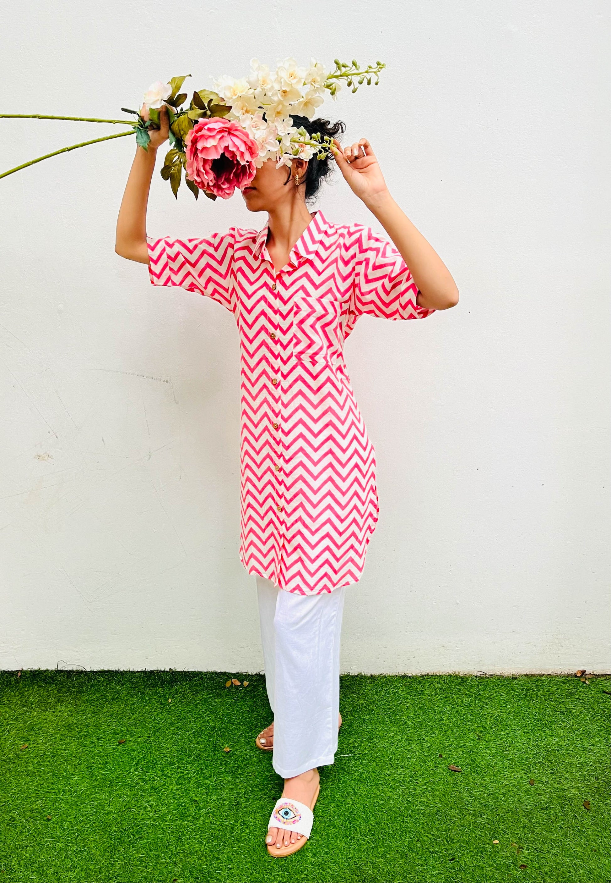 PINK CHEVRON PRINT - HALF AND HALF SHIRT KURTA BESU INDIA