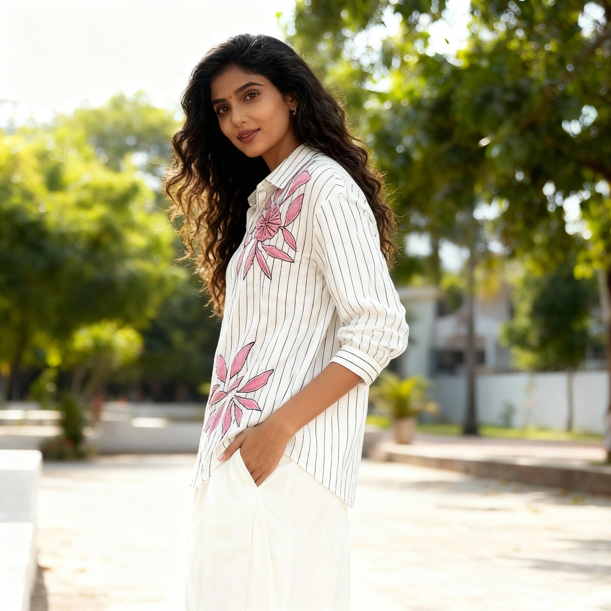 BLACK AND WHITE STRIPED COTTON SHIRT WITH PATCHWORK BESU INDIA