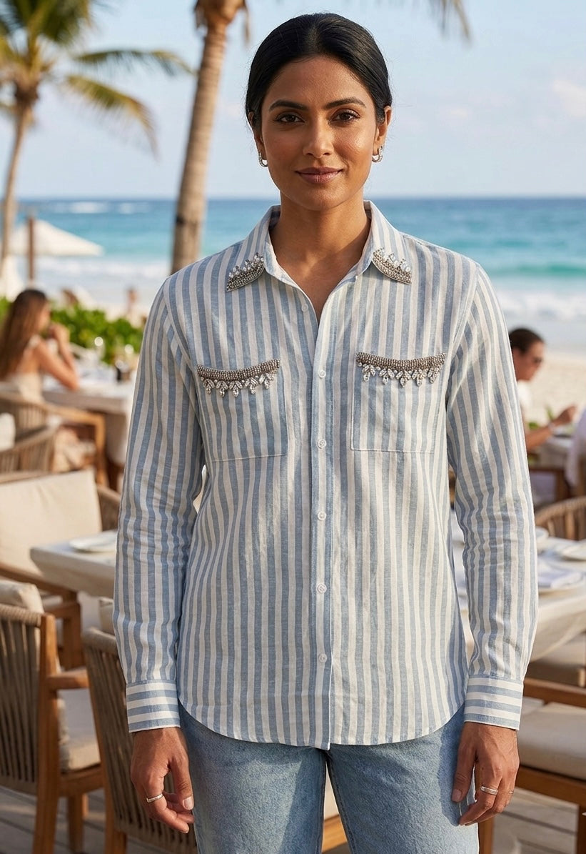 BLUE AND WHITE STRIPED SHIRT WITH EMBELLISHMENTS BESU INDIA