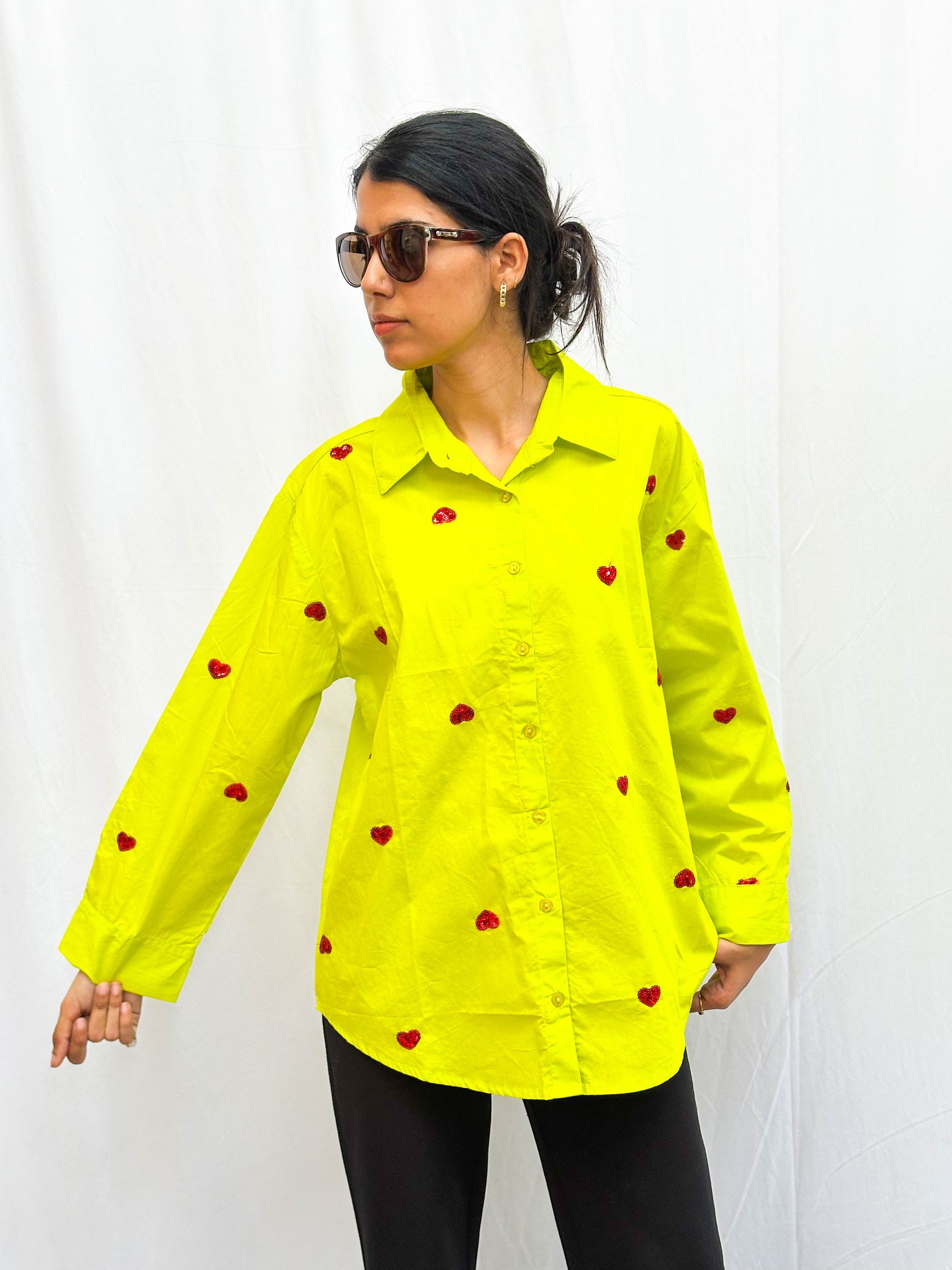 NEON GREEN HEART EMBROIDERED COTTON SHIRT BESU INDIA